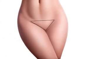 An illustration on a white background depicting a woman's hourglass figure and an upside-down triangle for the bikini wax design.