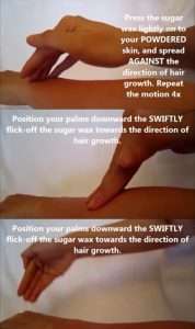 A sequential three-step visual guide demonstrating the correct finger placement and technique for applying and removing sugar wax during a hair removal session.