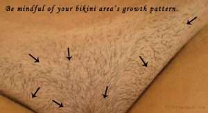 An image of a woman's bikini area with hair that is about 1/4" long with an overlay of arrows pointing in different directions. The message is that hairs in this area tend to grow in many directions and if you're sugaring this area you need to be mindful of your bikini area's growth pattern.