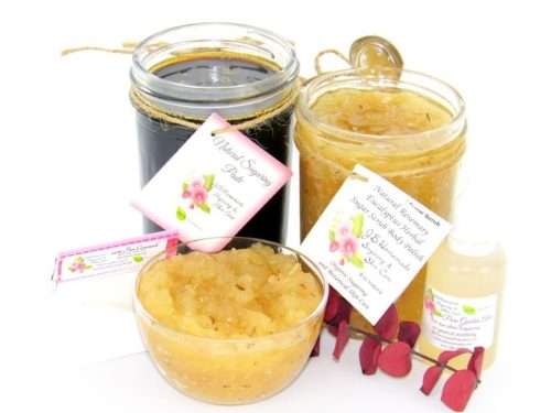The bundle includes an 8 oz mason jar filled with firm sugaring paste, a jar of Rosemary Eucalyptus Herbal Sugar Body Scrub, a small bottle of pure aloe vera, a pouch of cornstarch, an applicator, and a glass bowl showcasing the sugar scrub, garnished with sprinkles of rosemary and a sprig of eucalyptus.