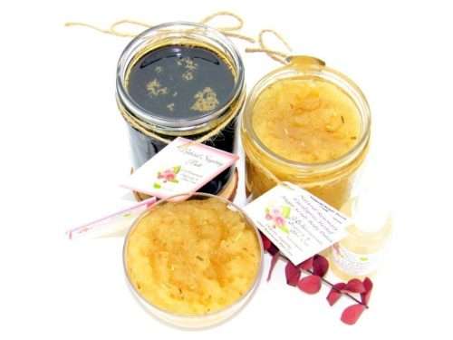 The bundle includes an 8 oz mason jar filled with firm sugaring paste, a jar of Rosemary Eucalyptus Herbal Sugar Body Scrub, a small bottle of pure aloe vera, a pouch of cornstarch, an applicator, and a glass bowl showcasing the sugar scrub, garnished with sprinkles of rosemary and a sprig of eucalyptus.