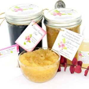 The bundle includes an 8 oz mason jar filled with firm sugaring paste, a jar of Rosemary Eucalyptus Herbal Sugar Body Scrub, a small bottle of pure aloe vera, a pouch of cornstarch, an applicator, and a glass bowl showcasing the sugar scrub, garnished with sprinkles of rosemary and a sprig of eucalyptus.