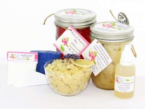 The bundle includes an 8 oz mason jar filled with soft sugaring wax, a jar of Lavender Lemon Herbal Relaxing Sugar Body Scrub, a small bottle of pure aloe vera, denim strips, a pouch of cornstarch, an applicator, and a glass bowl showcasing the sugar scrub, garnished with a lavender sprig and a slice of lemon.