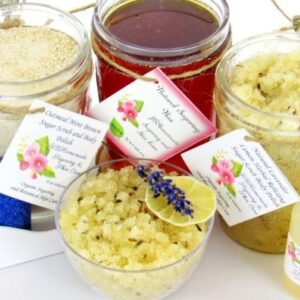 The bundle includes an 8 oz mason jar filled with soft sugaring wax, a jar of Lavender Lemon Herbal Relaxing Sugar Body Scrub, and Colloidal Oatmeal Brown Sugar Dry Body Scrub, a small bottle of pure aloe vera, a pouch of cornstarch, denim strips, an applicator, and a glass bowl showcasing the sugar scrub, garnished with a lavender sprig and a slice of lemon.