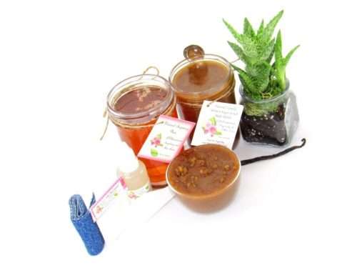 The bundle includes an 8 oz mason jar filled with soft sugaring wax, a jar of Vanilla Aloe Brown Sugar Body Scrub, a small bottle of pure aloe vera, a pouch of cornstarch, denim strips, an applicator, and a glass bowl showcasing the sugar scrub, garnished with a vanilla bean and a glass planter with an aloe plant to the right.