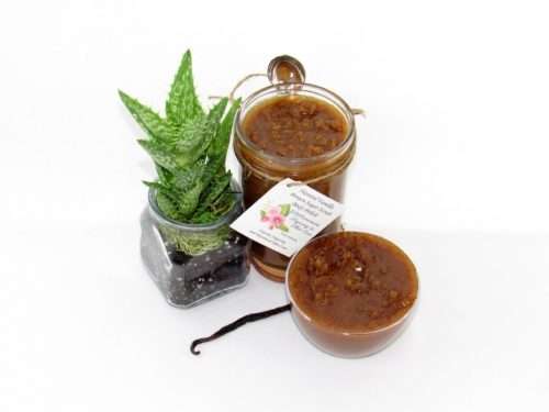 Discover the soothing blend of vanilla and aloe vera in an abundant 8 oz container of brown sugar scrub. The glass jar is prominently displayed at the center, accompanied by a glass bowl to the right, showcasing the scrub's rich texture. A whole vanilla bean rests in front of the jar, while to the left, an aloe plant thrives in a transparent glass planter filled with natural mushroom compost, its roots visible through the glass.