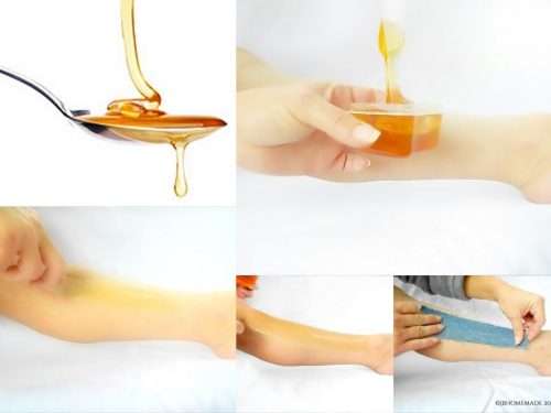 The collage features five photos. In the top left, a close-up captures the alluring flow of golden, translucent sugaring wax elegantly dripping from a spoon. The top right photo also offers a close-up, highlighting the smooth texture, rich amber color, and glossy sheen of the sugaring wax as it flows from a tilted container. The bottom left and middle photos depict Jen skillfully applying a thin layer of the sugaring wax. The bottom right photo shows Jen positioning a denim strip over the waxed area, readying for hair removal.