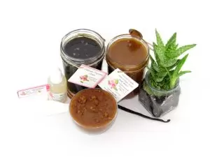 The bundle includes an 8 oz mason jar filled with firm sugaring paste, a jar of Vanilla Aloe Brown Sugar Body Scrub, a small bottle of pure aloe vera, a pouch of cornstarch, an applicator, and a glass bowl showcasing the sugar scrub, garnished with a vanilla bean and a glass planter with an aloe plant to the right.