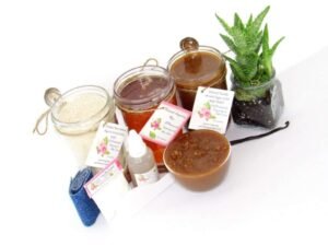 The bundle includes an 8 oz mason jar filled with soft sugaring wax, a jar of Vanilla Aloe Brown Sugar Body Scrub, and Colloidal Oatmeal Brown Sugar Dry Body Scrub, a small bottle of pure aloe vera, a pouch of cornstarch, denim strips, an applicator, and a glass bowl showcasing the sugar scrub, garnished with a vanilla bean and a glass planter with an aloe plant to the right.