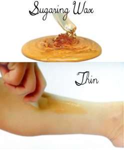Top image shows a spoon of golden sugaring wax, bottom image depicts the thin application of wax on skin for hair removal.
