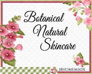 Hollyhock Logo for JBHomemade Sugaring and Skin Care with pink and green elements framing a title of 'Botanical Natural Skincare'