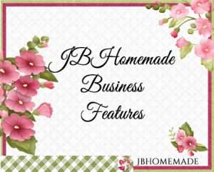 Hollyhock Logo for JBHomemade Sugaring and Skin Care with pink and green elements framing a title of 'Business Features'