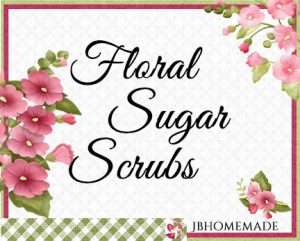 Hollyhock Logo for JBHomemade Sugaring and Skin Care with pink and green elements framing a title of ‘Floral Sugar Scrubs'
