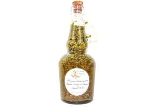 Harmonious Bounty Lavender and Chamomile Infused Extra Virgin Olive Oil with label