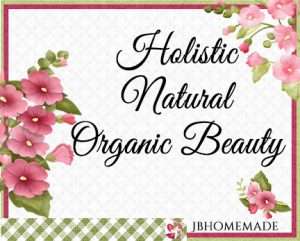 Hollyhock Logo for JBHomemade Sugaring and Skin Care with pink and green elements framing a title of ‘Holistic Natural Organic Beauty'