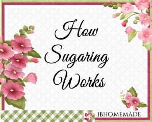 Hollyhock Logo for JBHomemade Sugaring and Skin Care with pink and green elements framing a title of ‘How Sugaring Works'