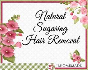 Hollyhock Logo for JBHomemade Sugaring and Skin Care with pink and green elements framing a title of ‘Natural Sugaring Hair Removal'