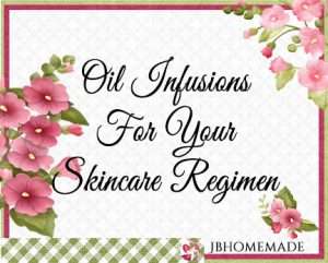 Hollyhock Logo for JBHomemade Sugaring and Skin Care with pink and green elements framing a title of ‘Oil Infusions for your Skincare Regimen’