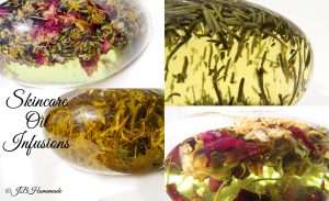 A collage of four different herbal oil infusions, each containing a variety of botanical elements, used for skincare.