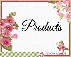 Hollyhock Logo for JBHomemade Sugaring and Skin Care with pink and green elements framing a title of ‘Products'