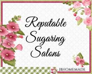 Hollyhock Logo for JBHomemade Sugaring and Skin Care with pink and green elements framing a title of ‘Reputable Sugaring Salons'