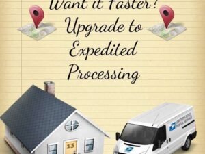 Advertisement for upgrading to expedited processing featuring a house, a delivery van, and text on a yellow background.
