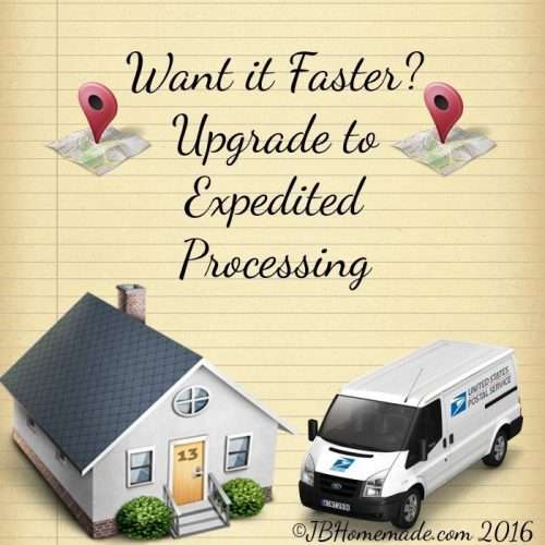 Advertisement for upgrading to expedited processing featuring a house, a delivery van, and text on a yellow background.