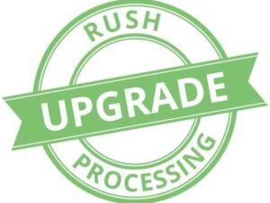 A green stamp signifying rush upgrade processing for expedited service.