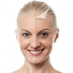 Close-up comparison of a woman’s face: Healthy, smooth, bright skin on the left; dry, dull, aged skin with wrinkles on the right.