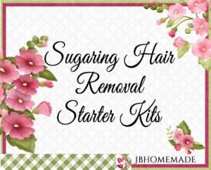 Hollyhock Logo for JBHomemade Sugaring and Skin Care with pink and green elements framing a title of ‘Sugaring Hair Removal Starter Kits'