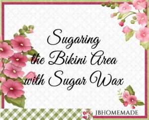 Hollyhock Logo for JBHomemade Sugaring and Skin Care with pink and green elements framing a title of ‘Sugaring the Bikini Area with Sugar Wax’
