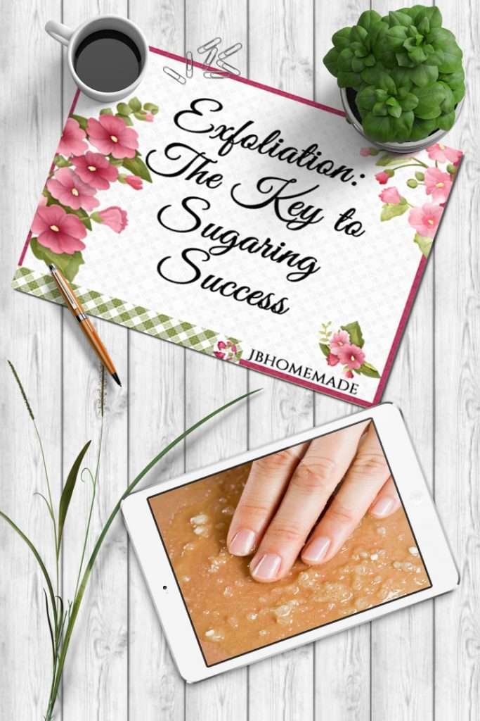 A tablet displaying an image representing the content of 'Exfoliation the Key to Sugaring Success' against a grey wood background