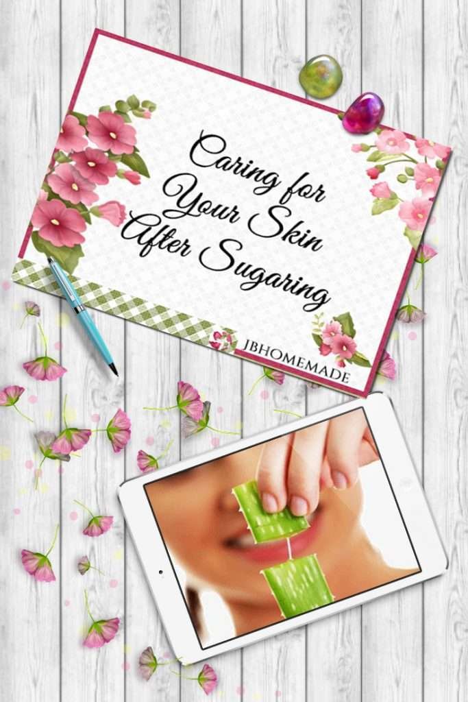 A tablet displaying an image representing the content of 'Caring for your Skin After Sugaring' against a grey wood background