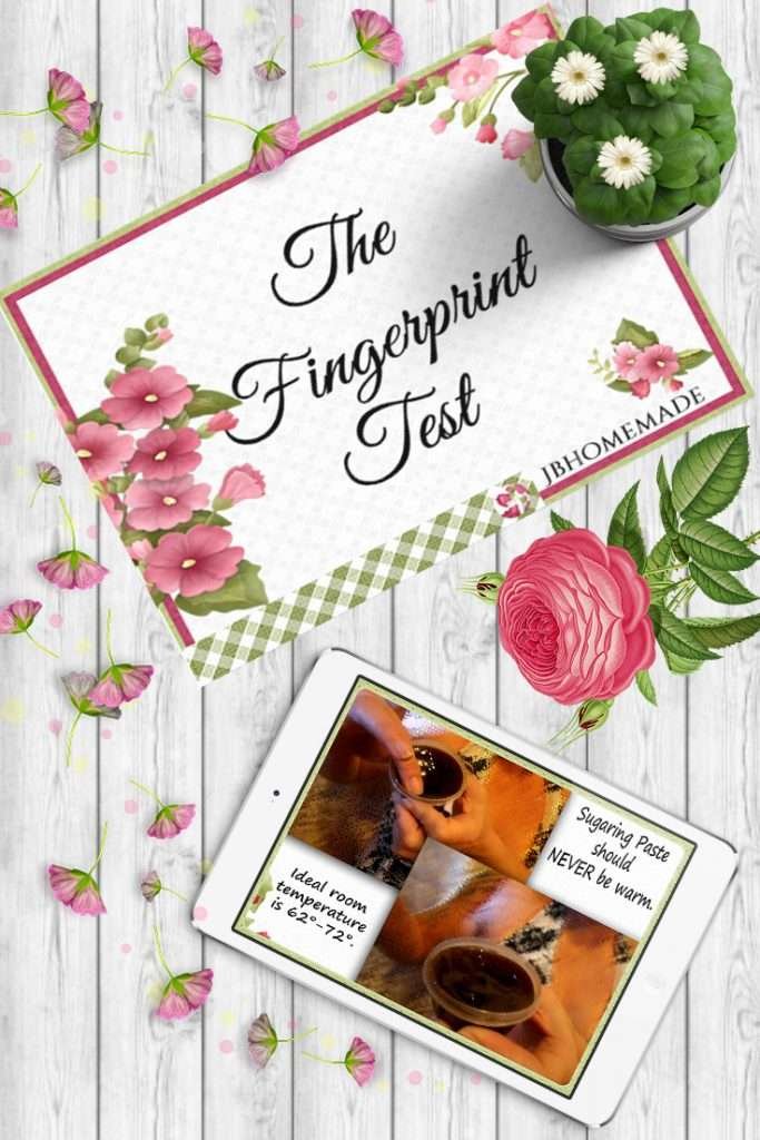 A tablet displaying an image representing the content of 'The Sugaring Fingerprint Test' against a grey wood background