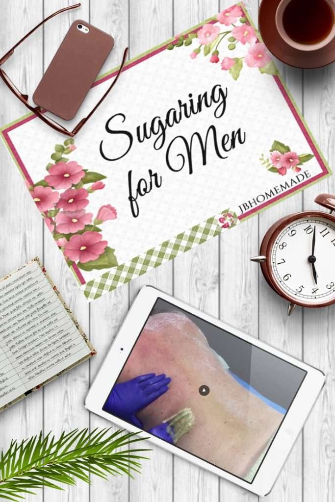 A tablet displaying an image representing the content of 'Sugaring for Men' against a grey wood background
