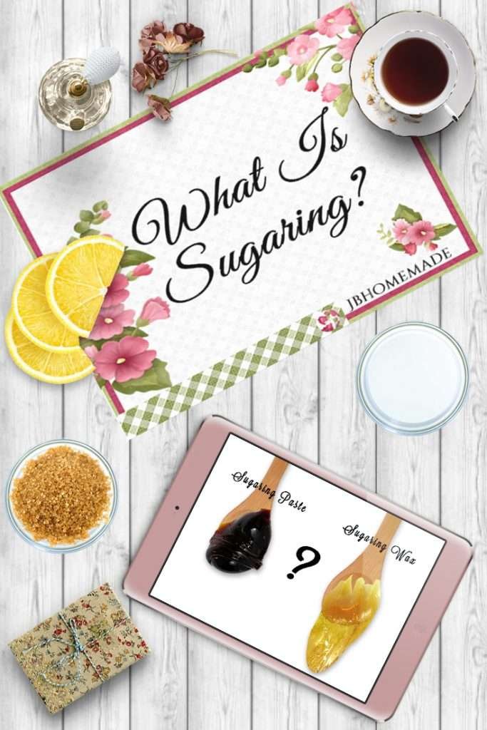 A tablet displaying an image representing the content of 'What is Sugaring' against a grey wood background