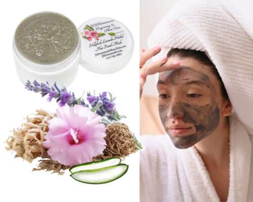 Left: Lavender Hollyhock & Aloe Facial Mask | A Natural Clay Mask for Glowing Skin | Made with Fresh Garden Ingredients | Moisturizing 2 oz a close-up of a pink hollyhock beside a lavender sprig and 3 aloe vera slices Right: a woman in a bath robe and a towel on her head applying the all natural mask.