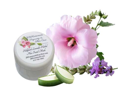 Lavender Hollyhock & Aloe Facial Mask | A Natural Clay Mask for Glowing Skin | Made with Fresh Garden Ingredients | Moisturizing 2 oz a close-up of a pink hollyhock beside a lavender sprig and 3 aloe vera slices