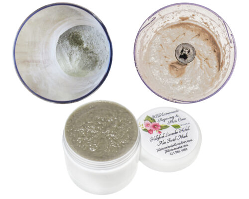 a jar of Lavender Hollyhock & Aloe Facial Mask | Natural Clay Facial Mask for Radiant Skin | Handcrafted with Garden-Fresh Ingredients | Hydrating 2 oz overhead view making of the mask in a blender. the left is before with the dry ingredients and the right is after the liquids have been added.