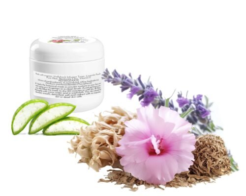 Lavender Hollyhock & Aloe Facial Mask back label view | A Natural Clay Mask for Glowing Skin | Made with Fresh Garden Ingredients | Moisturizing 2 oz a close-up of a pink hollyhock beside a lavender sprig and 3 aloe vera slices