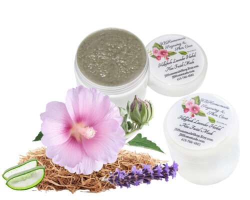 Lavender Hollyhock & Aloe Facial Mask | A Natural Clay Mask for Glowing Skin | Made with Fresh Garden Ingredients | Moisturizing 2 oz a close-up of a pink hollyhock beside a lavender sprig and 2 aloe vera slices