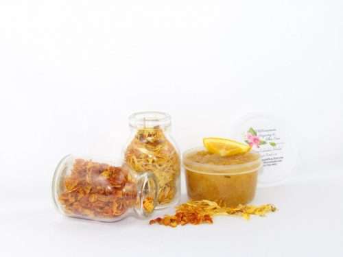 A 2 oz tub of vibrant citrus cane sugar scrub, infused with orange and calendula, is designed to enhance a radiant glow. The sugar scrub tub is placed centrally, flanked by two smaller jars—one filled with dried orange zest, the other with dried calendula—both spilling their contents onto a white backdrop. The tub brims with the sugar scrub, adorned with calendula petals and crowned with a fresh orange slice.