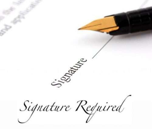 A close-up image of a fountain pen poised above a paper that has ‘Signature’ written on it, indicating where one should sign, with the text ‘Signature Required’ elegantly scripted below.