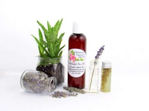 A 4 oz bottle of JBHomemade's handcrafted lavender-infused aloe vera, crafted with natural and homegrown lavender buds and aloe vera, is paired with an aloe vera plant. Alongside, a glass jar brimming with lavender buds spills over, and a small glass jar contains a sprig of lavender steeping in pure aloe vera, with two lavender sprigs resting to the right.