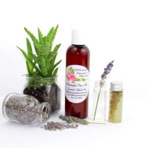 A 4 oz bottle of JBHomemade's handcrafted lavender-infused aloe vera, crafted with natural and homegrown lavender buds and aloe vera, is paired with an aloe vera plant. Alongside, a glass jar brimming with lavender buds spills over, and a small glass jar contains a sprig of lavender steeping in pure aloe vera, with two lavender sprigs resting to the right.