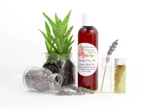 Lavender Serenity Aloe – Handcrafted Lavender-Infused Aloe Vera (4 oz) A 4 oz bottle of JBHomemade's handcrafted lavender-infused aloe vera, crafted with natural and homegrown lavender buds and aloe vera, is paired with an aloe vera plant. Alongside, a glass jar brimming with lavender buds spills over, and a small glass jar contains a sprig of lavender steeping in pure aloe vera, with two lavender sprigs resting to the right.