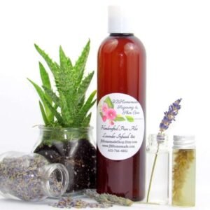 An 8 oz bottle of JBHomemade's handcrafted lavender-infused aloe vera, crafted with natural and homegrown lavender buds and aloe vera, is paired with an aloe vera plant. Alongside, a glass jar brimming with lavender buds spills over, and a small glass jar contains a sprig of lavender steeping in pure aloe vera, with two lavender sprigs resting to the right.