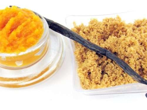 Indulge in the seasonal warmth of a 2 oz tub of pumpkin vanilla brown sugar scrub. The jar is prominently displayed at the center, accompanied by a glass bowl showcasing the scrub's rich texture. To the left, a smaller bowl contains pure pumpkin puree and a whole vanilla bean, highlighting the scrub's natural ingredients.