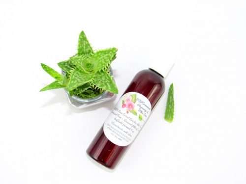 A 4 oz amber bottle of Pure Aloe Vera product, enriched and authentic, surrounded by fresh aloe vera leaf pieces, showcasing the natural ingredients and the premium quality of the product.