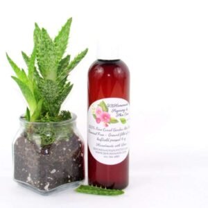 A 4 oz amber bottle of Pure Aloe Vera product, enriched and authentic, surrounded by fresh aloe vera leaf pieces, showcasing the natural ingredients and the premium quality of the product.